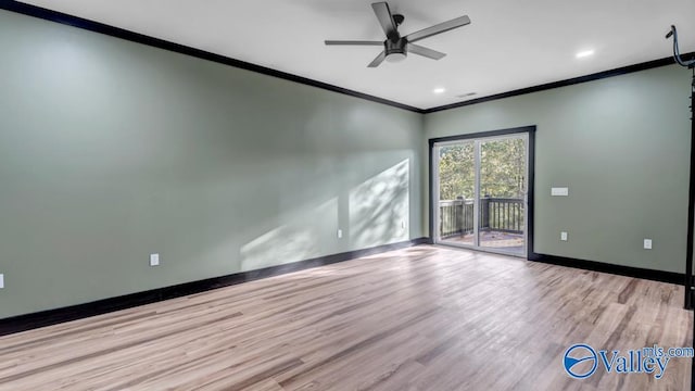 empty room with light hardwood / wood-style floors, ornamental molding, and ceiling fan