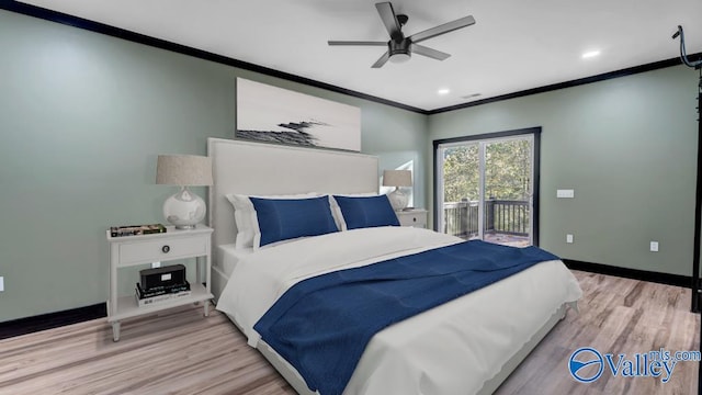 bedroom featuring light hardwood / wood-style floors, access to outside, ceiling fan, and crown molding