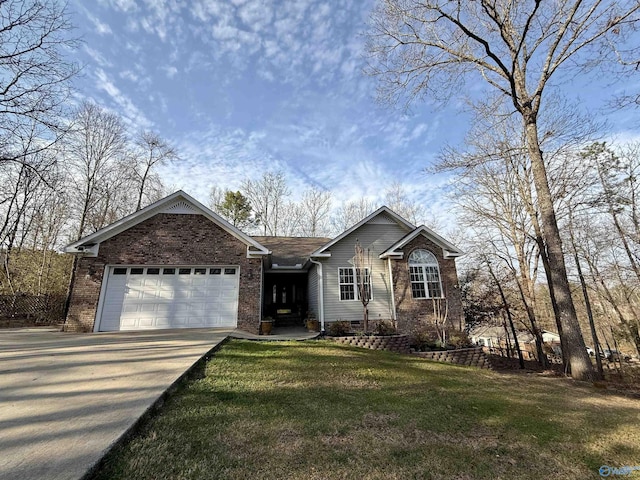 single story home with brick siding, a garage, a front lawn, and crawl space