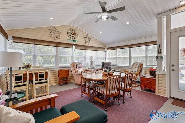 sunroom featuring wooden ceiling, lofted ceiling, and ceiling fan