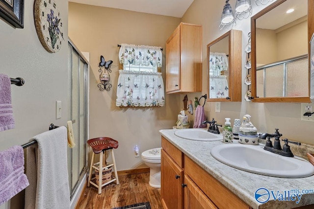 bathroom with vanity, toilet, wood-type flooring, and a shower with door