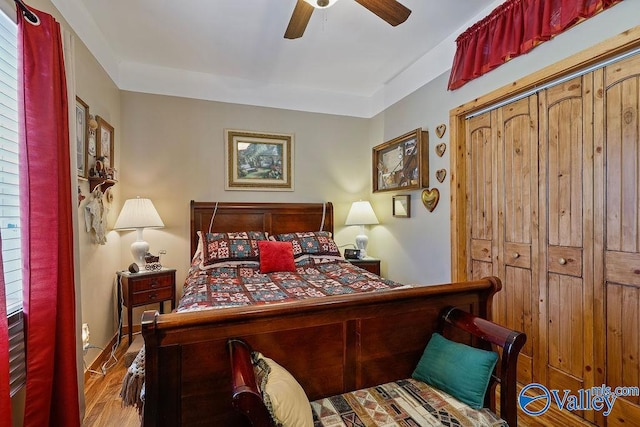 bedroom featuring wood-type flooring, ceiling fan, and a closet