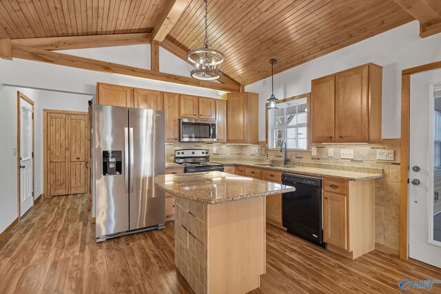 living room with wood ceiling, hardwood / wood-style flooring, ceiling fan, and vaulted ceiling with beams