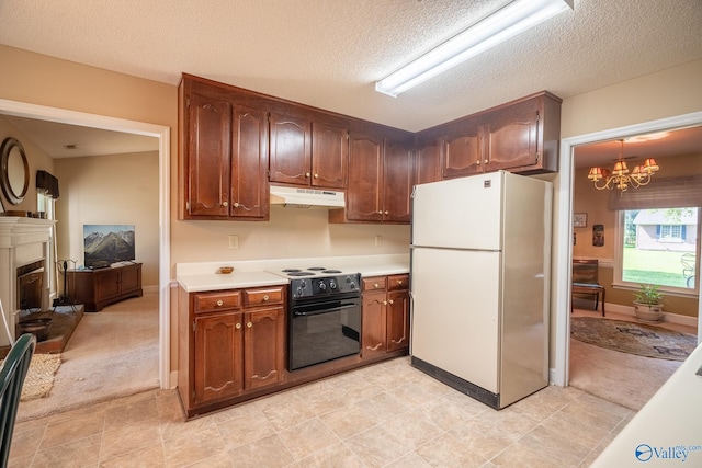 142 Raspberry Way, Madison, AL 35757 - kitchen featuring freestanding refrigerator, electric range, under cabinet range hood, light countertops, and a textured ceiling
