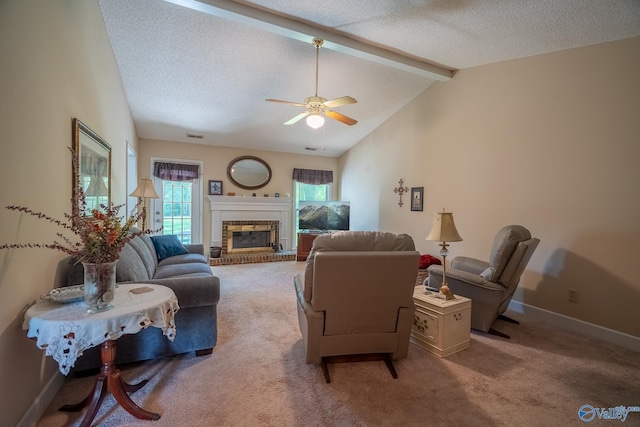 142 Raspberry Way, Madison, AL 35757 - living area featuring carpet floors, a fireplace, ceiling fan, and a textured ceiling