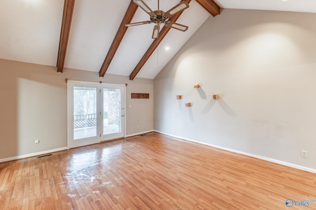 unfurnished living room with visible vents, beamed ceiling, high vaulted ceiling, light wood-style flooring, and a ceiling fan