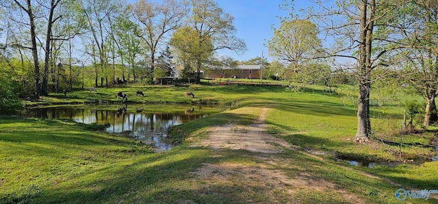 view of community with a water view and a yard