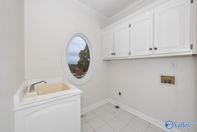 laundry room with washer hookup, cabinets, ornamental molding, and sink