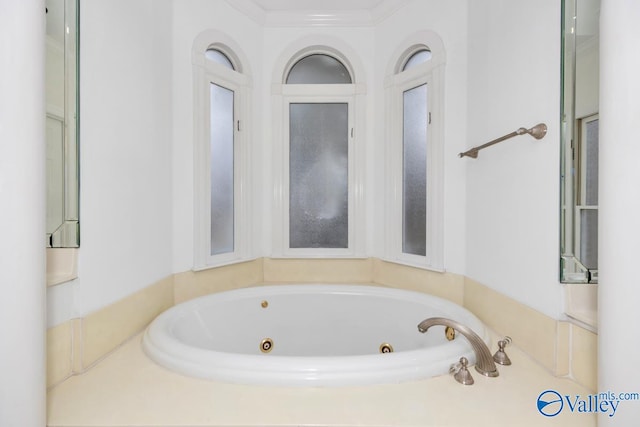 bathroom with crown molding and a bathtub