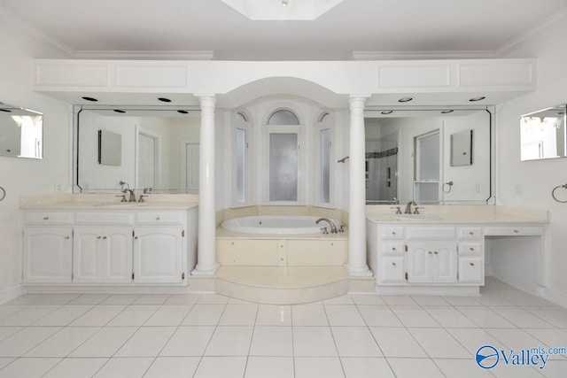 bathroom with tile patterned floors and ornamental molding