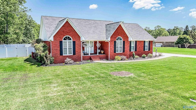 view of front of home featuring brick siding, fence, and a front yard