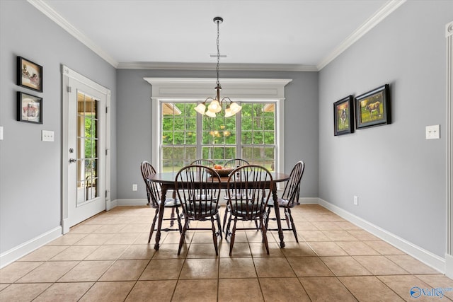 dining area featuring light tile patterned flooring, crown molding, and a notable chandelier