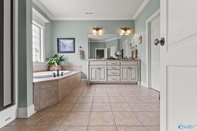 bathroom featuring tiled tub, dual vanity, ornamental molding, and tile patterned floors