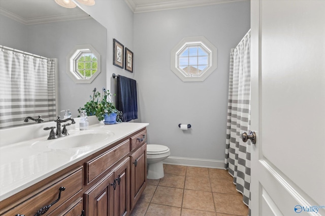 full bathroom featuring baseboards, ornamental molding, toilet, vanity, and tile patterned flooring