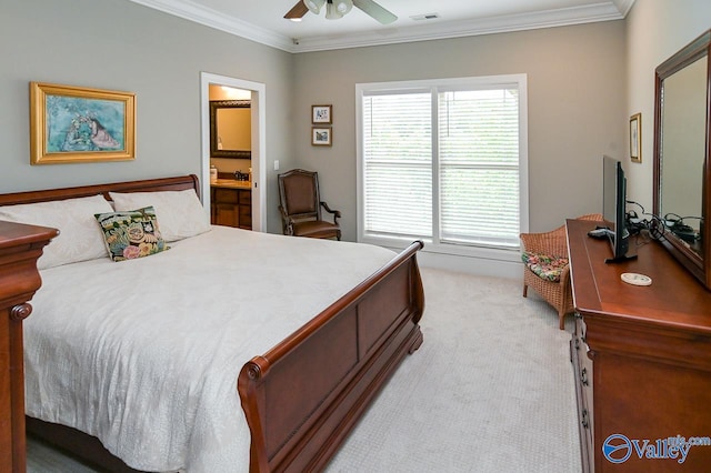 carpeted bedroom featuring connected bathroom, crown molding, and ceiling fan