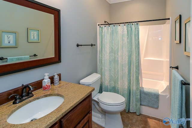 full bathroom featuring tile patterned flooring, vanity, shower / bath combination with curtain, and toilet