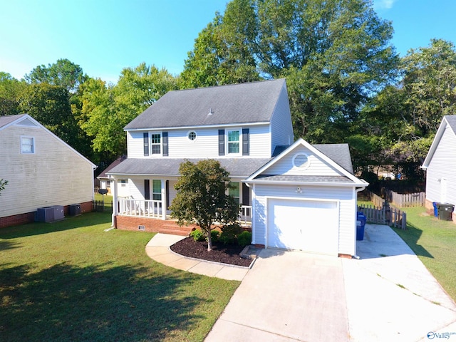 view of front of property featuring central air condition unit, a porch, and a front lawn