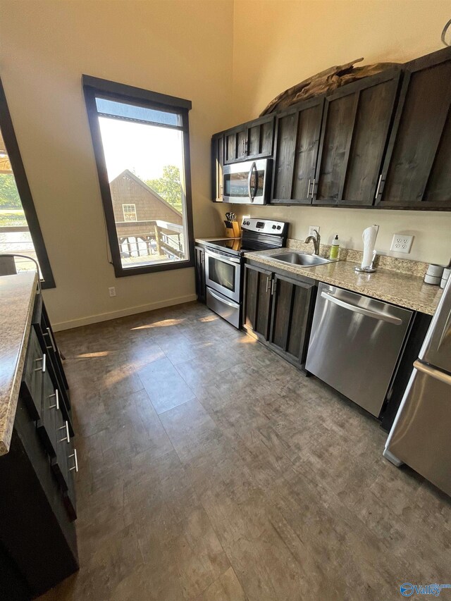 kitchen with dark brown cabinetry, stainless steel appliances, and a healthy amount of sunlight