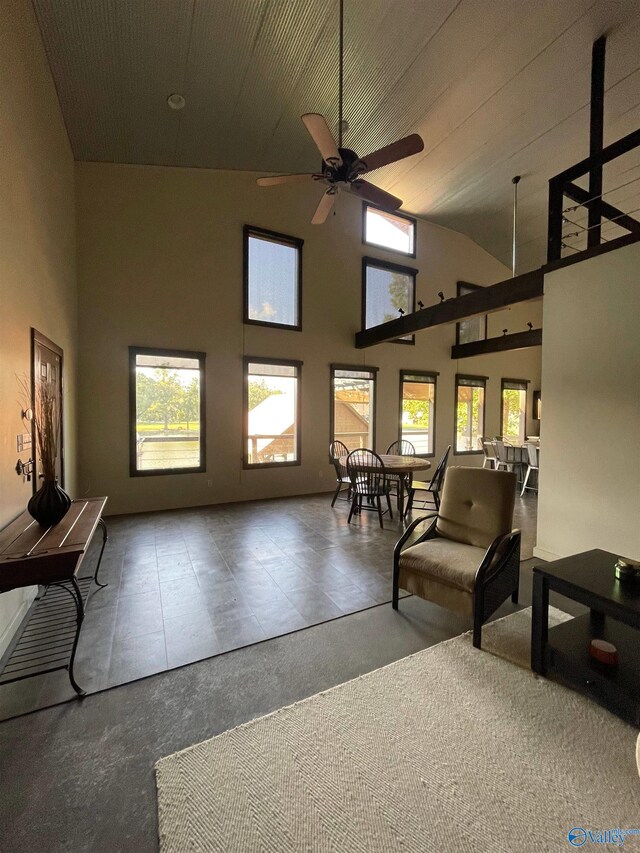 sitting room featuring ceiling fan, high vaulted ceiling, and wooden ceiling