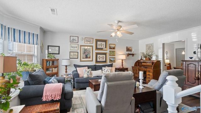 11112 Memorial Pkwy S Unit N3, Huntsville, AL 35803 - living area featuring a ceiling fan, crown molding, and a textured ceiling