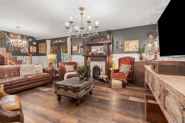 living room featuring dark hardwood / wood-style flooring and a chandelier