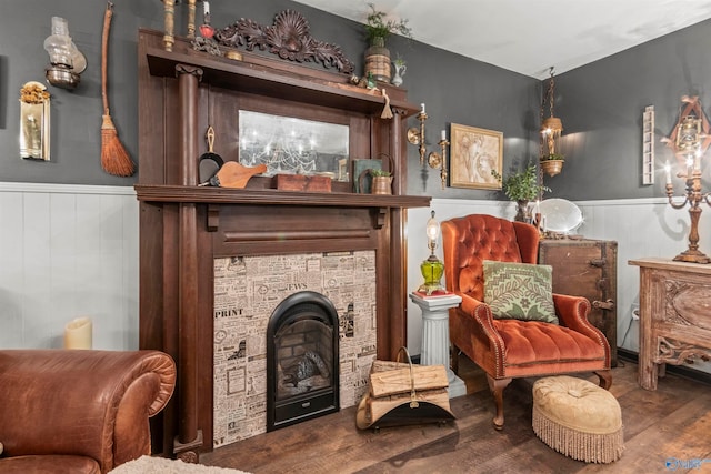 living area featuring wood-type flooring and a stone fireplace