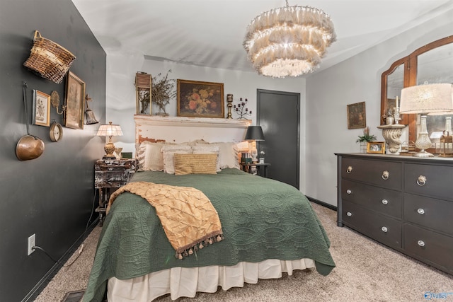 bedroom featuring light carpet