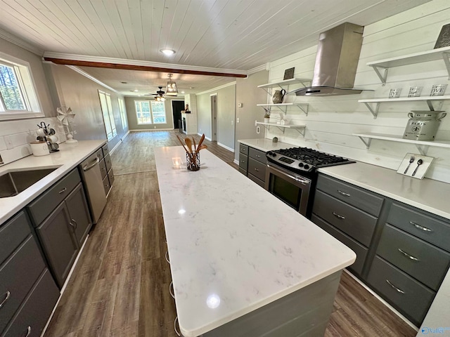 kitchen with a wealth of natural light, island range hood, appliances with stainless steel finishes, and dark hardwood / wood-style floors