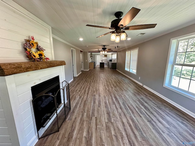 unfurnished living room with hardwood / wood-style floors, ceiling fan, crown molding, and wooden ceiling