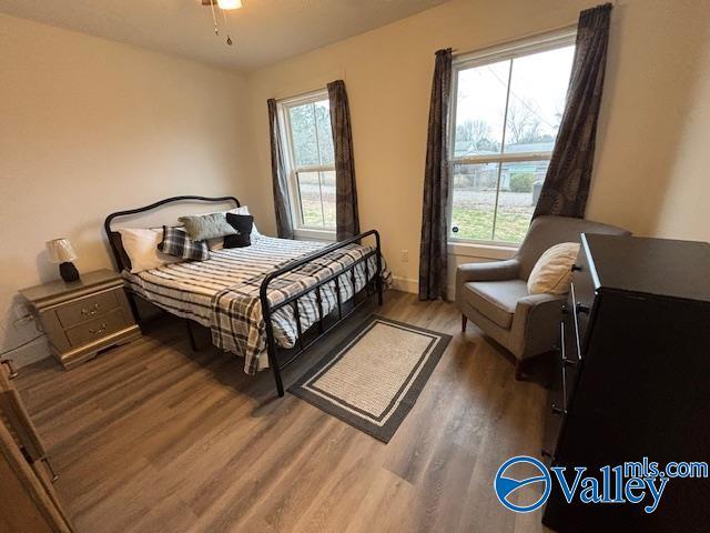 bedroom with multiple windows, baseboards, and wood finished floors