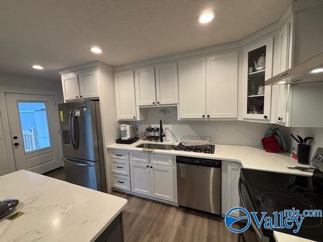 kitchen with a sink, white cabinetry, appliances with stainless steel finishes, wall chimney exhaust hood, and glass insert cabinets