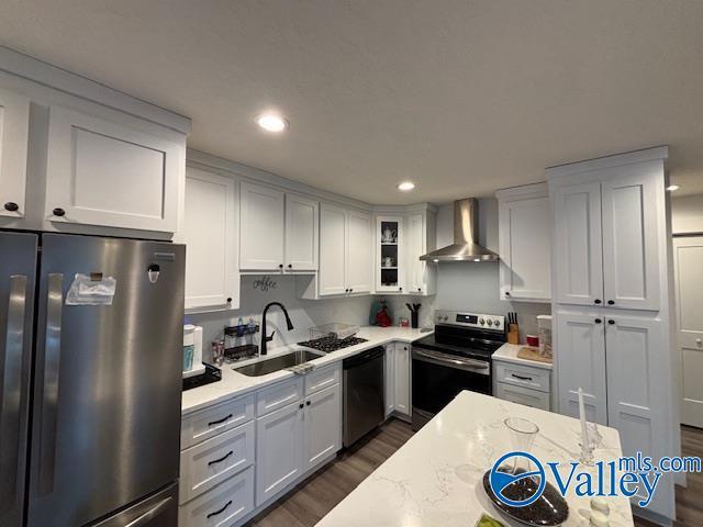 kitchen featuring stainless steel appliances, wall chimney range hood, a sink, and white cabinetry