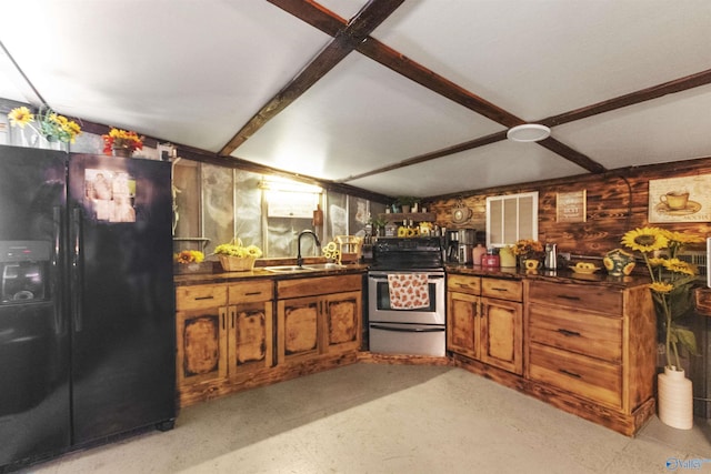 kitchen with dark countertops, brown cabinets, black refrigerator with ice dispenser, electric range, and a sink