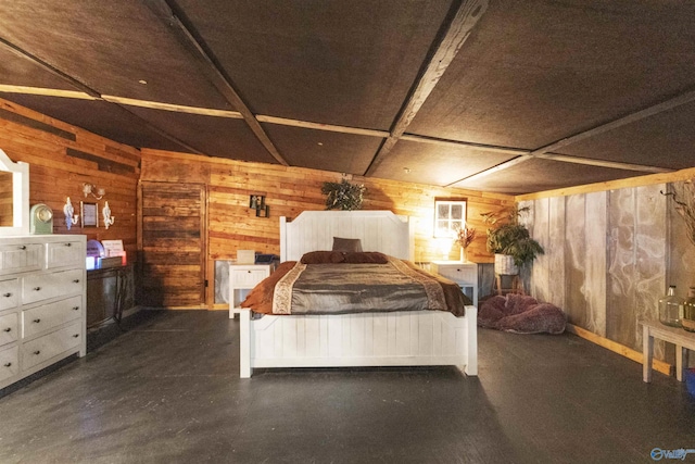 unfurnished bedroom featuring wood walls and coffered ceiling