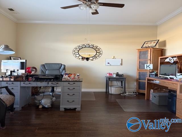 office with dark wood finished floors, a ceiling fan, baseboards, and ornamental molding