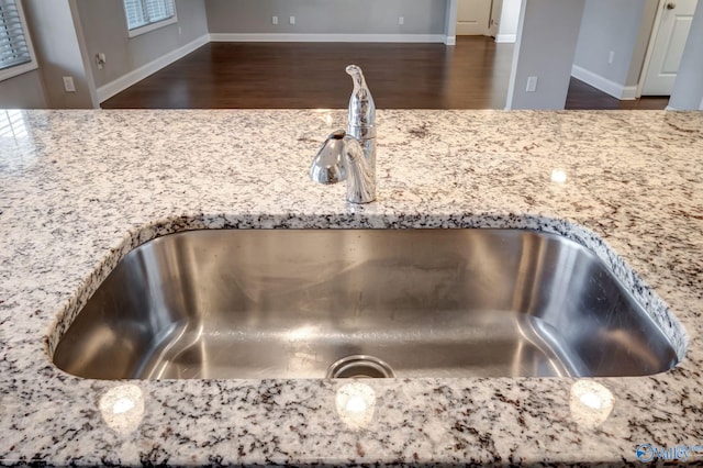 room details with dark hardwood / wood-style flooring, light stone counters, and sink