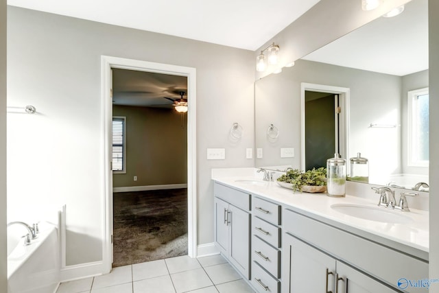 bathroom featuring tile patterned flooring, vanity, a bathtub, and ceiling fan