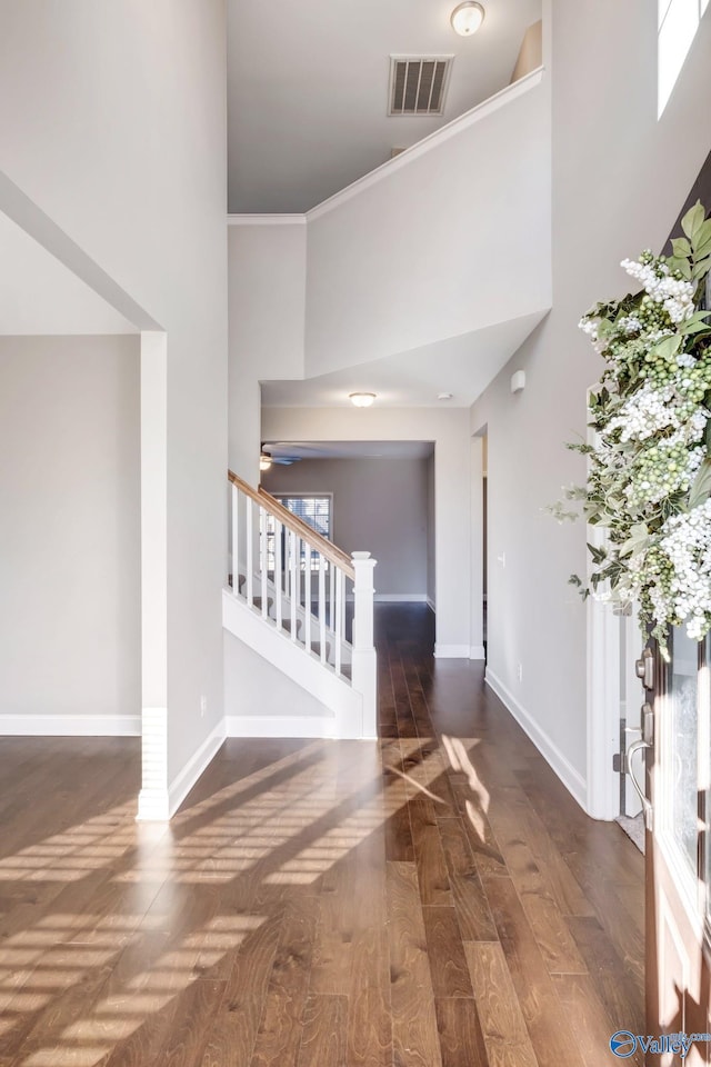 interior space with crown molding, dark hardwood / wood-style flooring, and a high ceiling