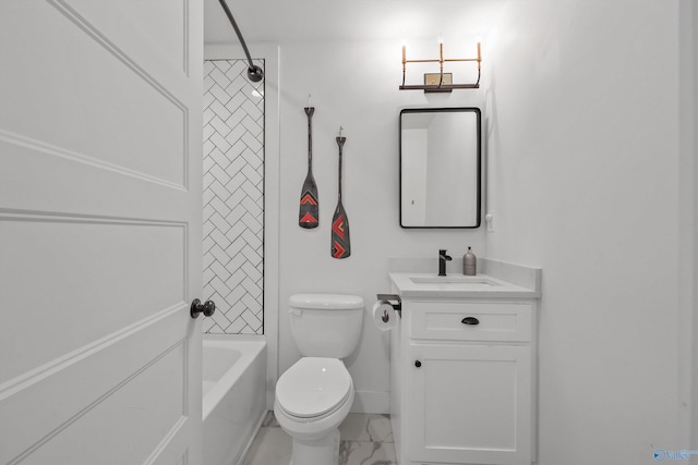 full bathroom featuring vanity, tiled shower / bath combo, and toilet