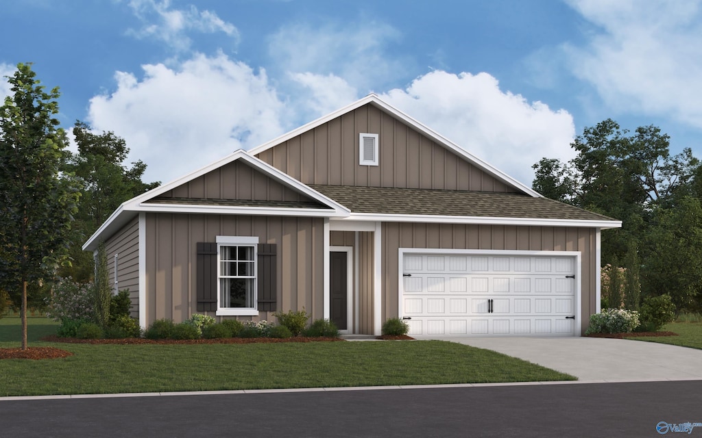 view of front of house featuring driveway, roof with shingles, a front yard, a garage, and board and batten siding