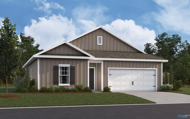 view of front of house featuring driveway, roof with shingles, a front yard, a garage, and board and batten siding