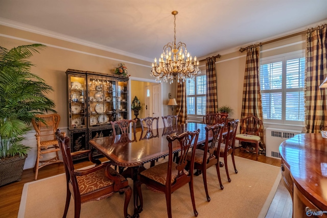 260 Bexar Ave W, Hamilton, AL 35570 - dining space featuring radiator heating unit, a notable chandelier, ornamental molding, and wood finished floors