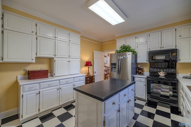 260 Bexar Ave W, Hamilton, AL 35570 - kitchen featuring crown molding, black appliances, light floors, and white cabinets