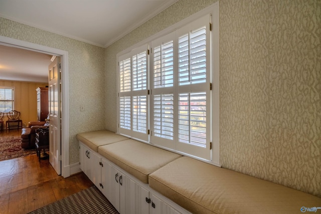 260 Bexar Ave W, Hamilton, AL 35570 - sitting room with wallpapered walls, ornamental molding, and dark wood-style floors