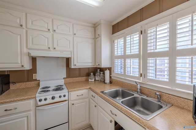 260 Bexar Ave W, Hamilton, AL 35570 - kitchen featuring light countertops, under cabinet range hood, white cabinetry, electric stove, and a sink