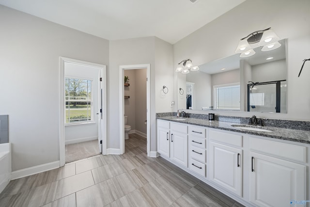 full bathroom featuring toilet, a sink, double vanity, and a stall shower