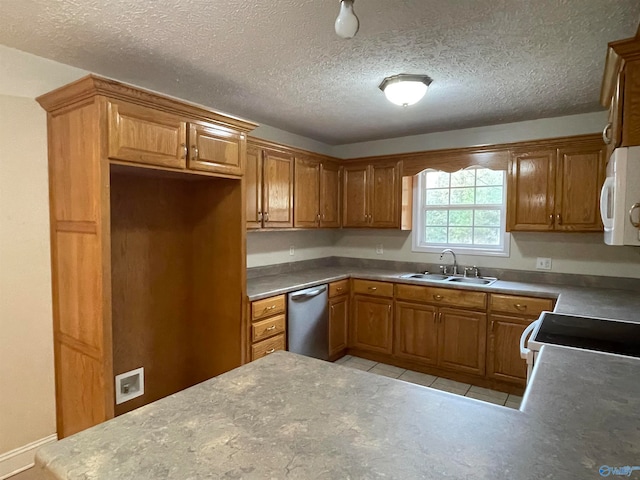 kitchen featuring stainless steel dishwasher, a textured ceiling, and sink