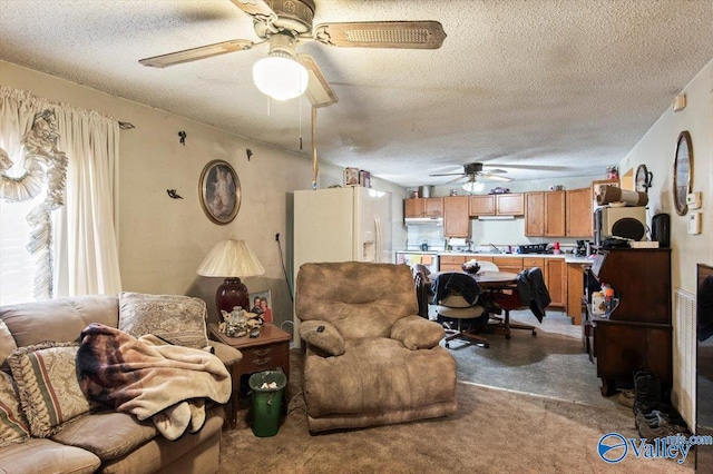 living room with carpet floors and a textured ceiling