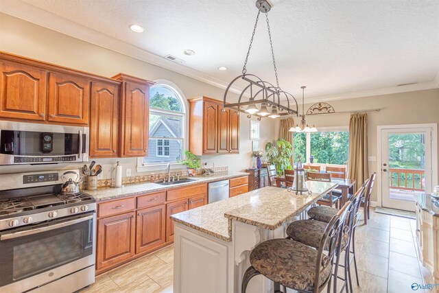 kitchen featuring an inviting chandelier, stainless steel appliances, decorative light fixtures, and plenty of natural light