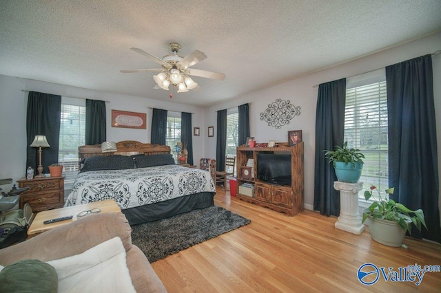 bedroom with multiple windows, light wood-style flooring, and a textured ceiling